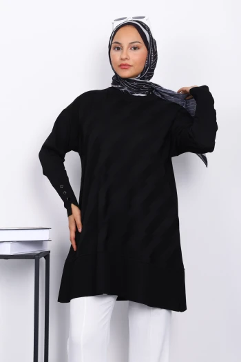 Siyah Kol Düğmeli Soğuk İplik Triko Tunik