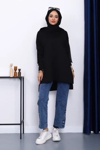 Siyah Kol Fermuarlı Soğuk İplik Triko Tunik