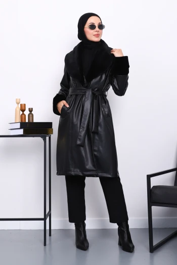 Siyah Kol Yaka Kürklü Deri Kaban