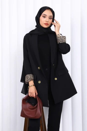 Siyah Kruvaze Yaka Düğmeli Blazer Ceket