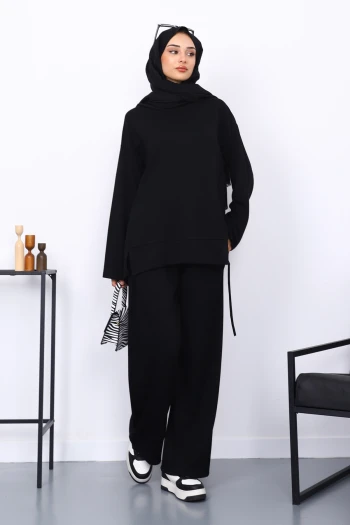 Siyah Ön Detaylı Modal Tunik Pantolonlu Takım