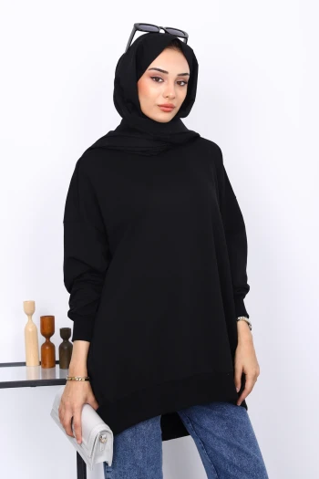 Siyah Önü Kısa Arkası Uzun Oversize Sweatshirt