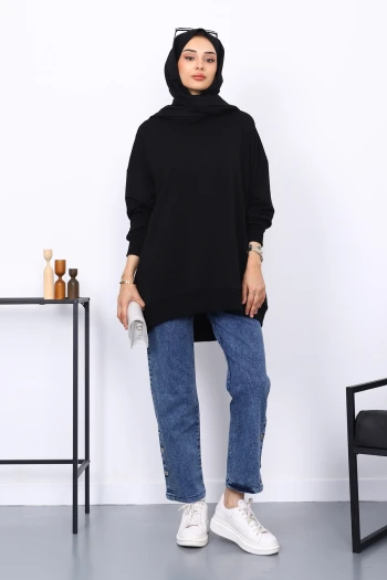 Siyah Önü Kısa Arkası Uzun Oversize Sweatshirt