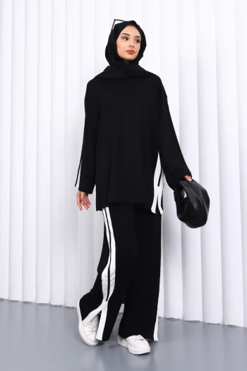 Siyah Renk Bloklu Tunik Pantolonlu Takım