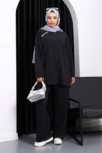 Siyah Taş Detaylı Tunik Pantolonlu Modal Takım