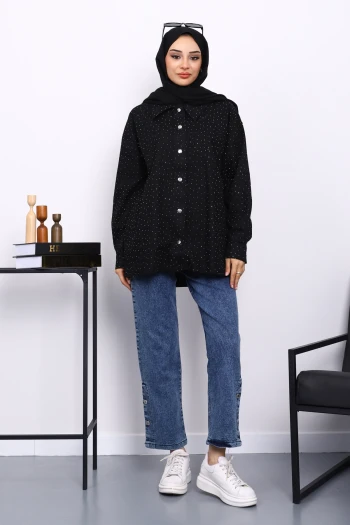 Siyah Taşlı Gabardin Gömlek
