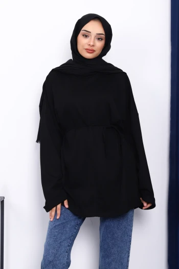 Siyah Yanları Yırtmaçlı Bel İpli Tunik