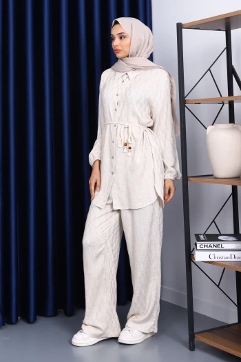 Taş Bel Kuşaklı Tunik Pantolonlu Takım