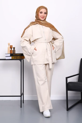 Taş Fermuarlı Gabardin Ceket Pantolonlu Takım