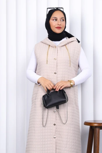 Taş Kapüşonlu Kapitone Uzun Yelek