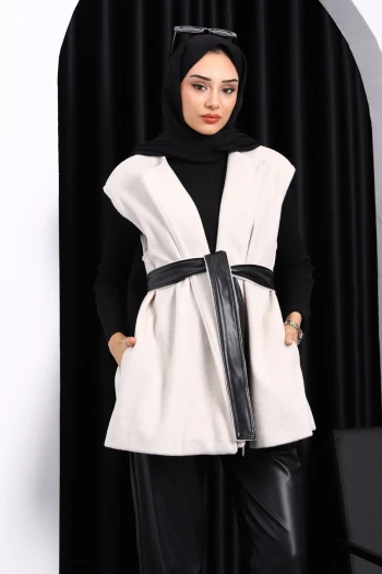 Taş Kuşaklı Çift Cepli Kaşe Yelek