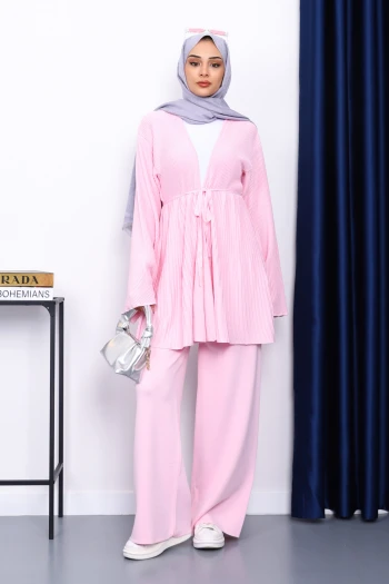 Toz Pembe Bel Kuşaklı Hırka Pantolonlu Takım