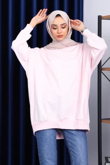 Toz Pembe Önü Kısa Arkası Uzun Oversize Sweatshirt
