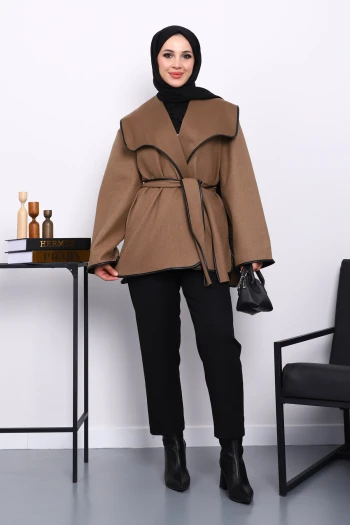 Vizon Deri Biyeli Şal Yaka Kaşe Kaban