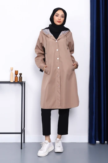 Vizon Kapşonlu Düğme Detaylı Trençkot