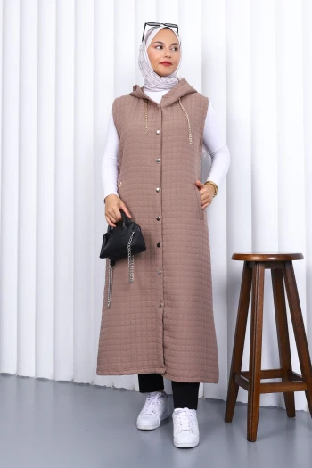 Vizon Kapüşonlu Kapitone Uzun Yelek