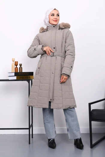 Vizon Kapüşonu Kürklü Uzun Şişme Mont
