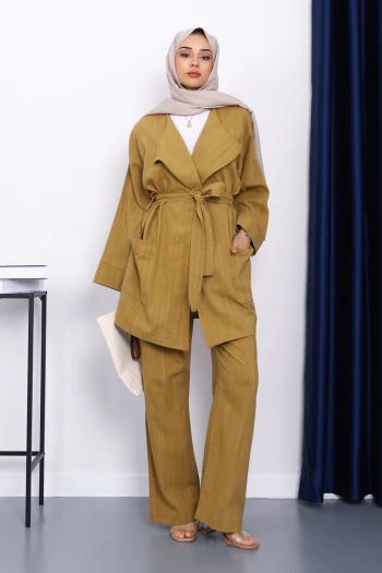 Yağ Yeşili Bel Kuşaklı Keten Kimono Pantolonlu Takım