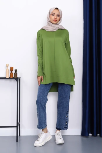 Yağ Yeşili Kol Fermuarlı Soğuk İplik Triko Tunik