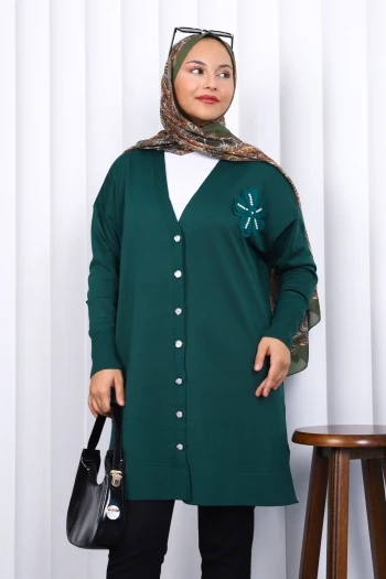 Zümrüt Yeşili Düğmeli Soğuk İplik Triko Hırka
