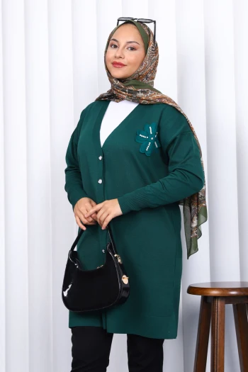 Zümrüt Yeşili Düğmeli Soğuk İplik Triko Hırka