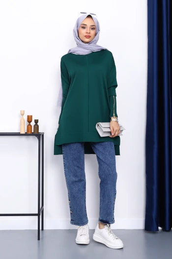 Zümrüt Yeşili Kol Fermuarlı Soğuk İplik Triko Tunik