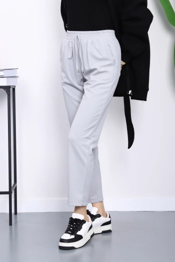 Açık Gri Beli Lastikli Cepli Double Pantolon