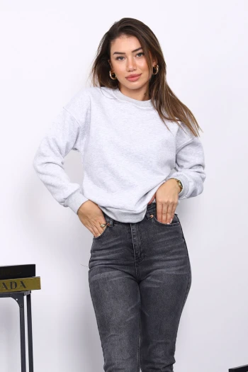 Açık Gri Bisiklet Yaka Üç İplik Sweat