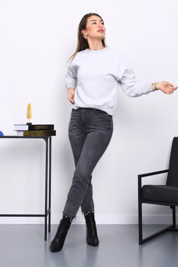 Açık Gri Bisiklet Yaka Üç İplik Sweat