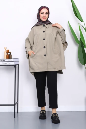 Açık Haki Oversize Düğmeli Panço Trenç