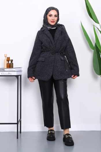 Antrasit Bel Bağlamalı Cepli Keçe Ceket