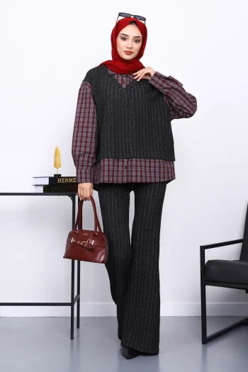 Antrasit Ekose Gömlek Detaylı Pantolonlu Triko Takım