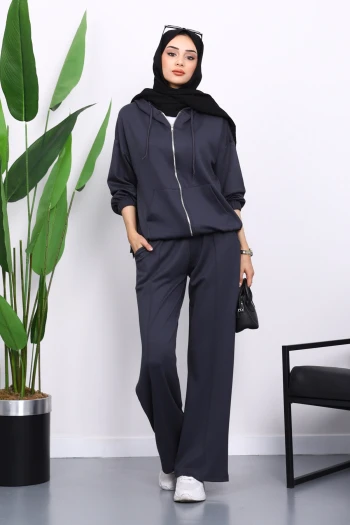 Antrasit Kapşonlu Fermuarlı Kanguru Cepli Modal Takım