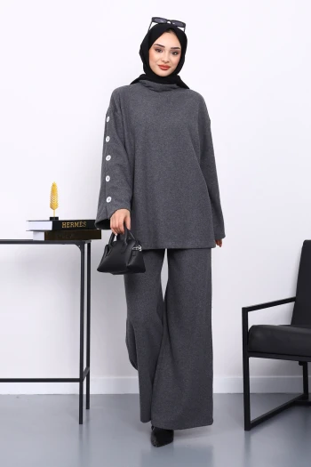 Antrasit Kol Düğme Detaylı Tunik Pantolonlu Takım