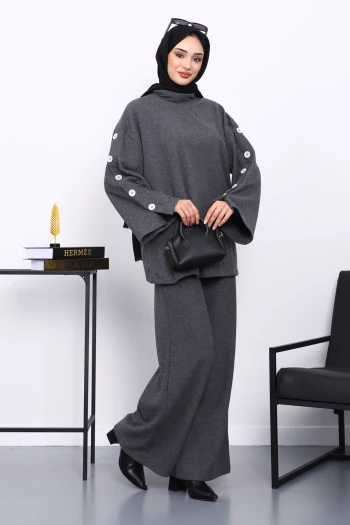 Antrasit Kol Düğme Detaylı Tunik Pantolonlu Takım