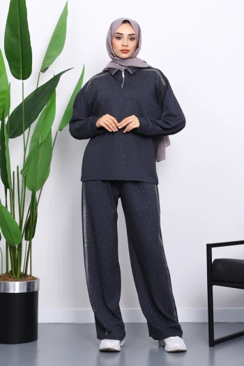 Antrasit Taşlı Yaka Fermuarlı Tunik Pantolonlu Takım