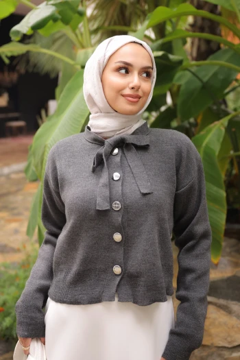 Antrasit Yaka Bağlamalı Düğmeli Triko Hırka