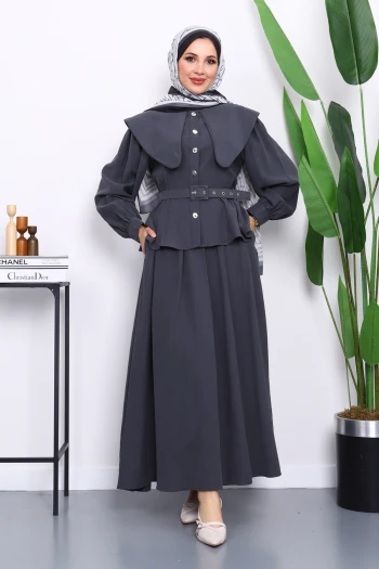 Antrasit Yaka Detaylı Gömlek Etekli Takım