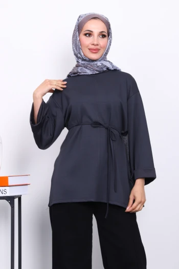 Antrasit Yanları Yırtmaçlı Bel İpli Tunik