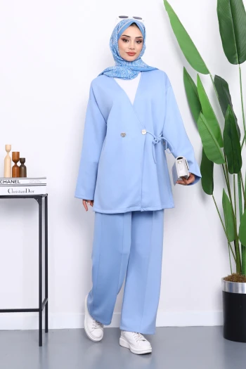 Bebe Mavi Bağlama Detaylı Tunik Pantolonlu Takım