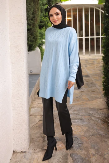 Bebe Mavi Bisiklet Yaka Soğuk İplik Triko Tunik