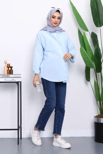 Bebe Mavi Düğmeli Salaş Terikoton Gömlek