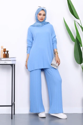 Bebe Mavi Fitilli Yumoş Tunik Pantolonlu Takım