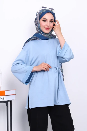 Bebe Mavi Yanları Yırtmaçlı Bel İpli Tunik