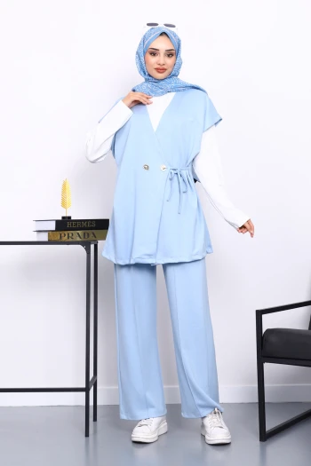 Bebe Mavi Yelekli Tunik Pantolon Üçlü Takım
