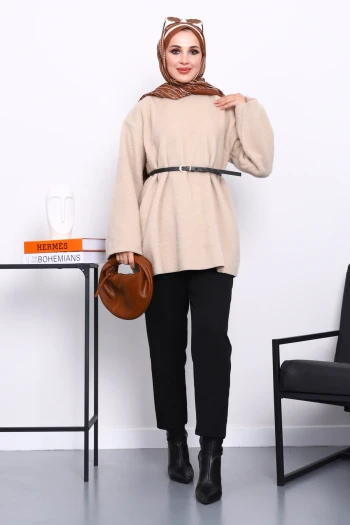 Bej Bel Kemerli Angora Tunik