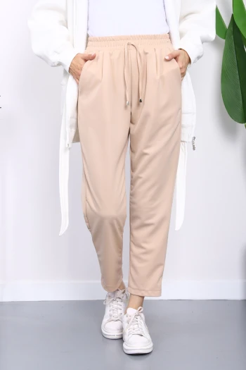 Bej Beli Lastikli Cepli Double Pantolon