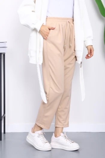 Bej Beli Lastikli Cepli Double Pantolon