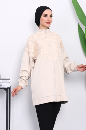 Bej Çiçek Desenli Fermuarlı Tunik