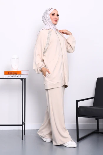 Bej Çift Cepli Taş İşlemeli Modal Takım